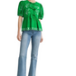 Green Embroidered Puff Sleeve Bow Detail Blouse