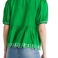 Green Embroidered Puff Sleeve Bow Detail Blouse