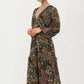 Floral Print Long Sleeve Maxi Dress with Deep V-Neckline