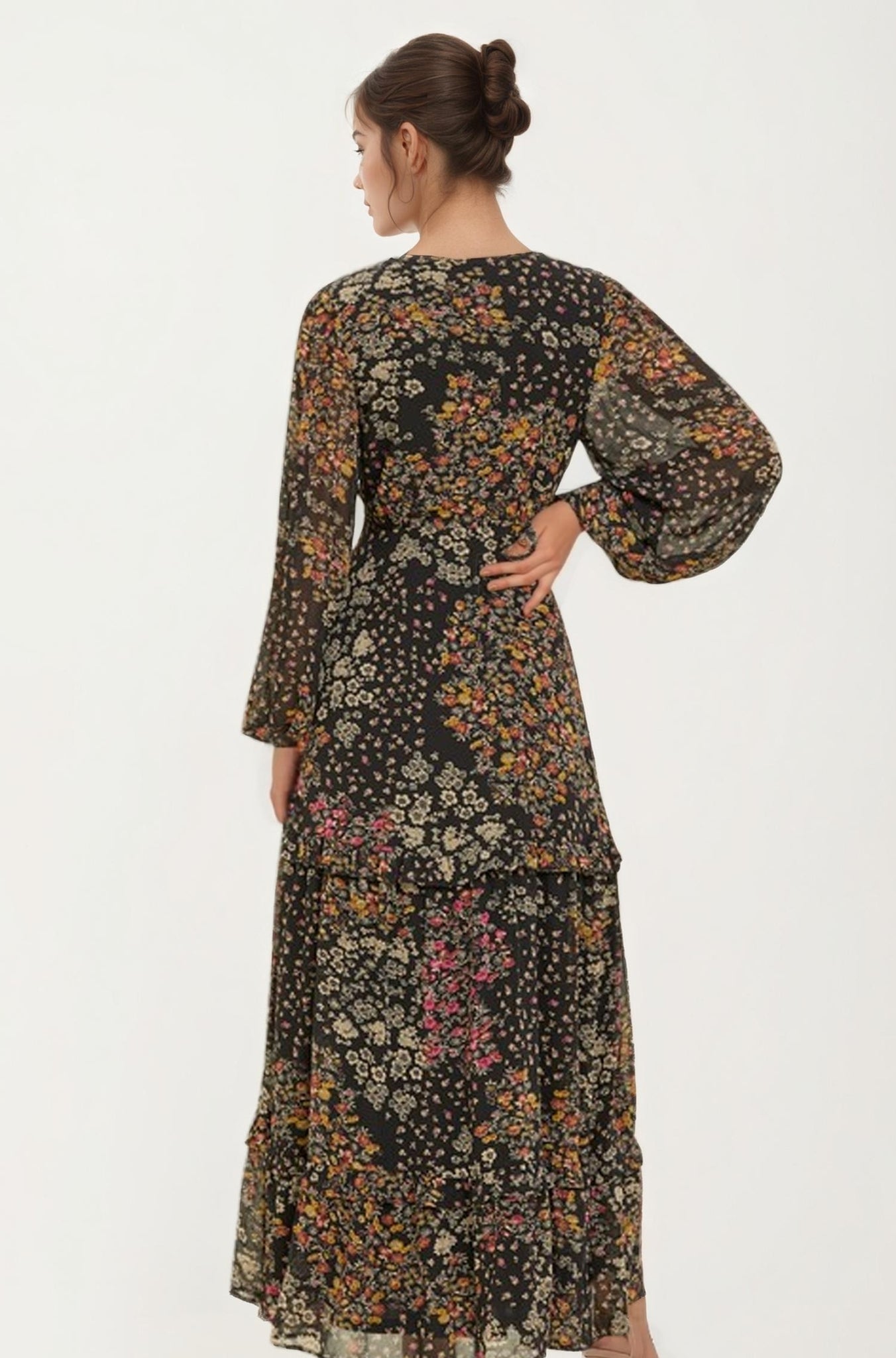 Floral Print Long Sleeve Maxi Dress with Deep V-Neckline