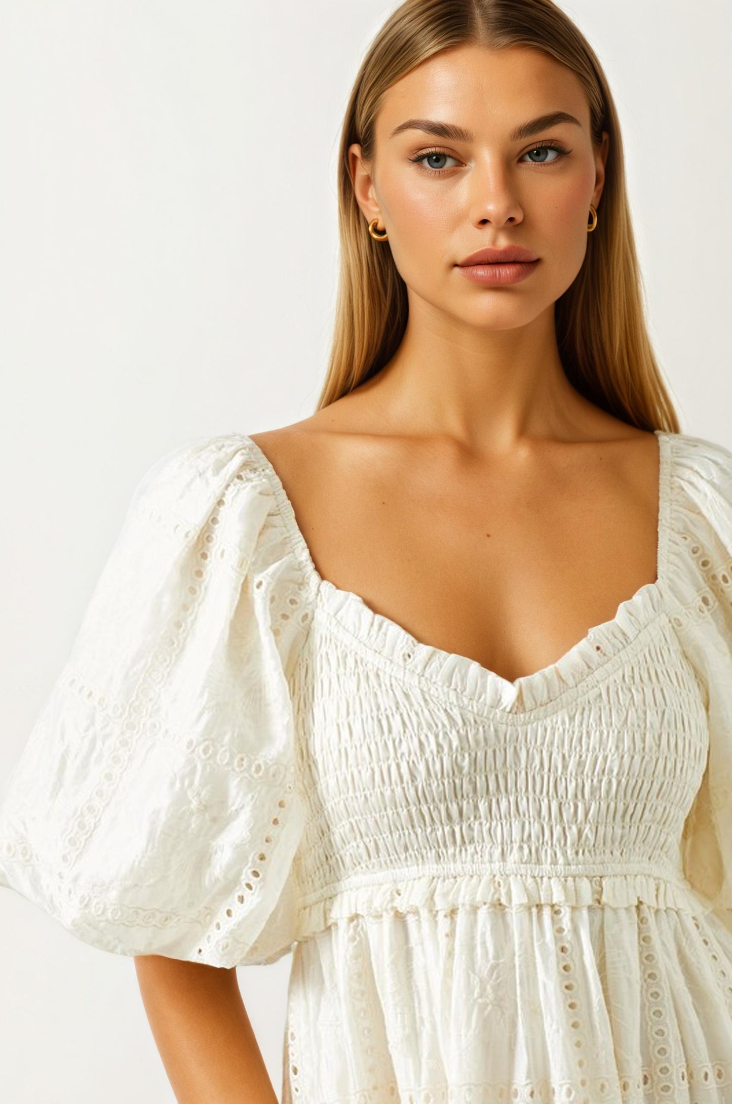 White Eyelet Puff Sleeve Maxi Dress with Smocked Bodice
