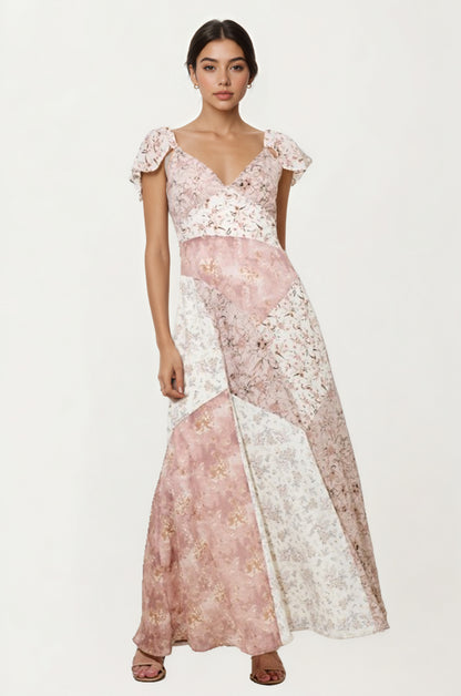 Flutter Sleeve Maxi Dress with Patchwork Design