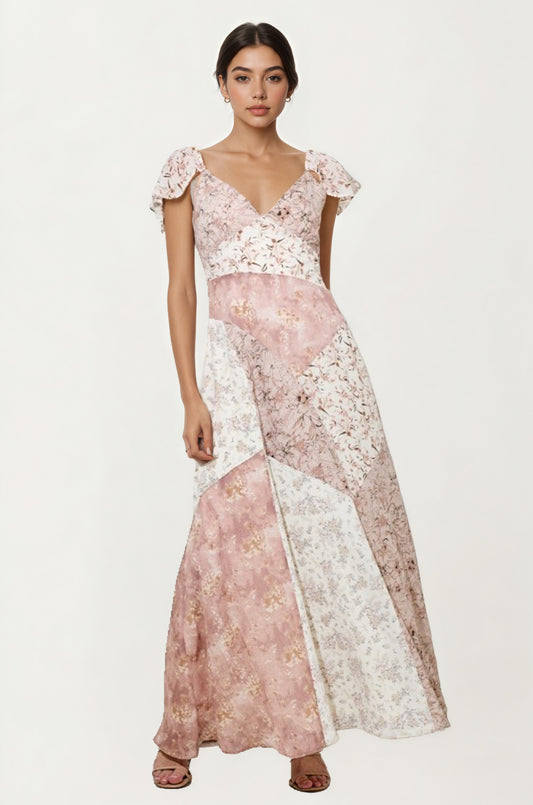Flutter Sleeve Maxi Dress with Patchwork Design
