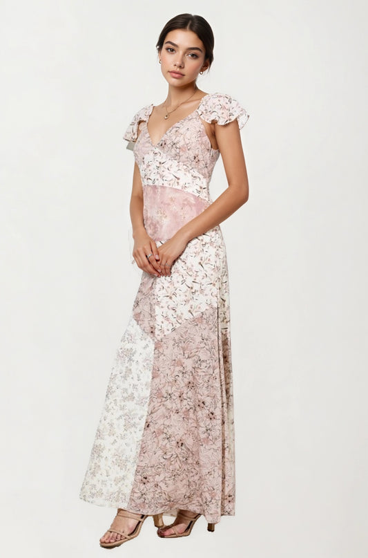 Flutter Sleeve Maxi Dress with Patchwork Design