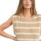 Beige and White Striped Sleeveless Knit Mini Dress