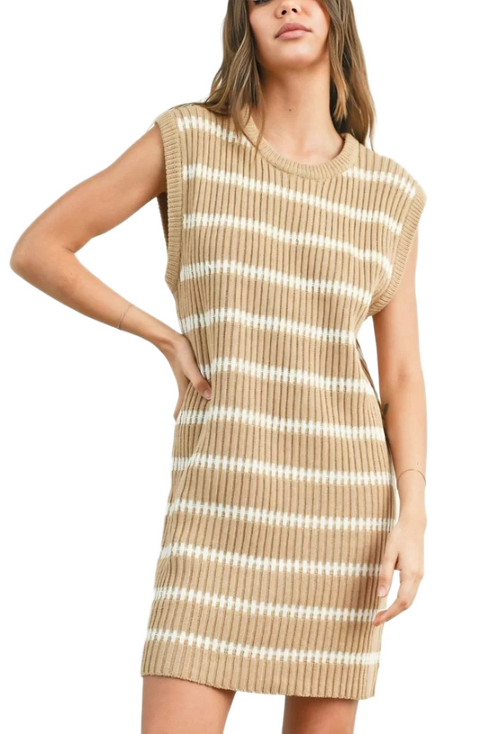 Beige and White Striped Sleeveless Knit Mini Dress