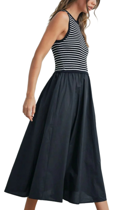 Black and White Striped Knit Top Woven Skirt Sleeveless Maxi Dress