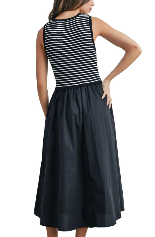Black and White Striped Knit Top Woven Skirt Sleeveless Maxi Dress