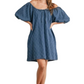 Denim Blue Mini Dress with Puff Sleeves and Tie Neckline