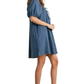 Denim Blue Mini Dress with Puff Sleeves and Tie Neckline