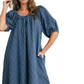 Denim Blue Mini Dress with Puff Sleeves and Tie Neckline