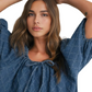 Denim Blue Mini Dress with Puff Sleeves and Tie Neckline