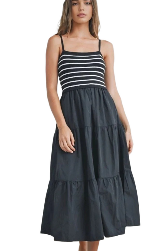 Black Striped Knit Bodice Tiered Midi Dress with Spaghetti Straps
