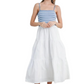 Blue and White Striped Knit Bodice Tiered Midi Dress with Spaghetti Straps