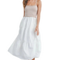 Beige and White Striped Knit Bodice Tiered Midi Dress with Spaghetti Straps