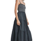 Black Striped Knit Bodice Tiered Midi Dress with Spaghetti Straps