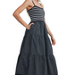 Black Striped Knit Bodice Tiered Midi Dress with Spaghetti Straps