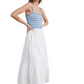 Blue and White Striped Knit Bodice Tiered Midi Dress with Spaghetti Straps