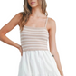 Beige and White Striped Knit Bodice Tiered Midi Dress with Spaghetti Straps