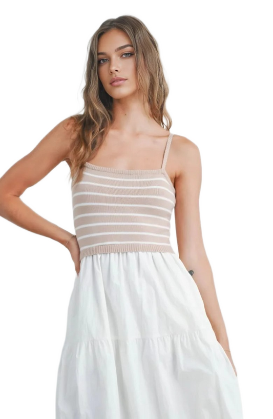 Beige and White Striped Knit Bodice Tiered Midi Dress with Spaghetti Straps
