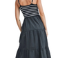 Black Striped Knit Bodice Tiered Midi Dress with Spaghetti Straps