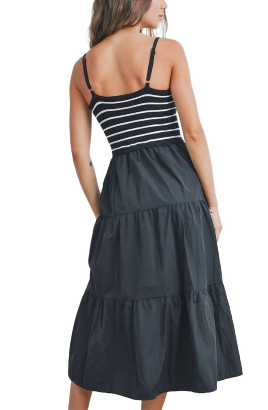 Black Striped Knit Bodice Tiered Midi Dress with Spaghetti Straps