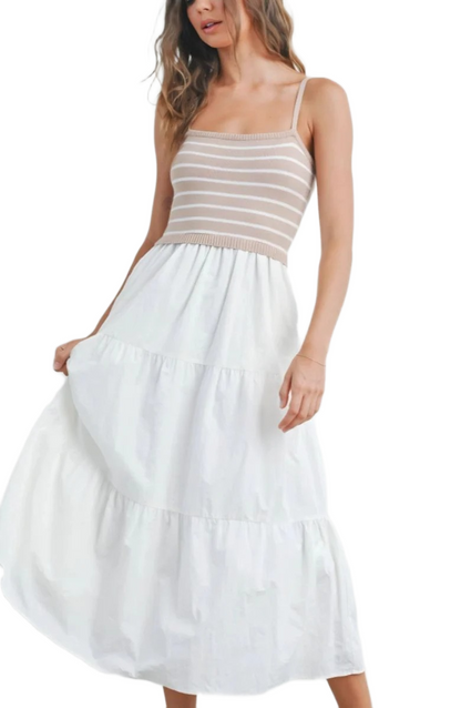 Beige and White Striped Knit Bodice Tiered Midi Dress with Spaghetti Straps
