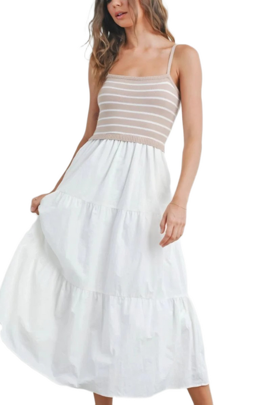 Beige and White Striped Knit Bodice Tiered Midi Dress with Spaghetti Straps