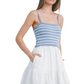 Blue and White Striped Knit Bodice Tiered Midi Dress with Spaghetti Straps