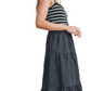 Black Striped Knit Bodice Tiered Midi Dress with Spaghetti Straps