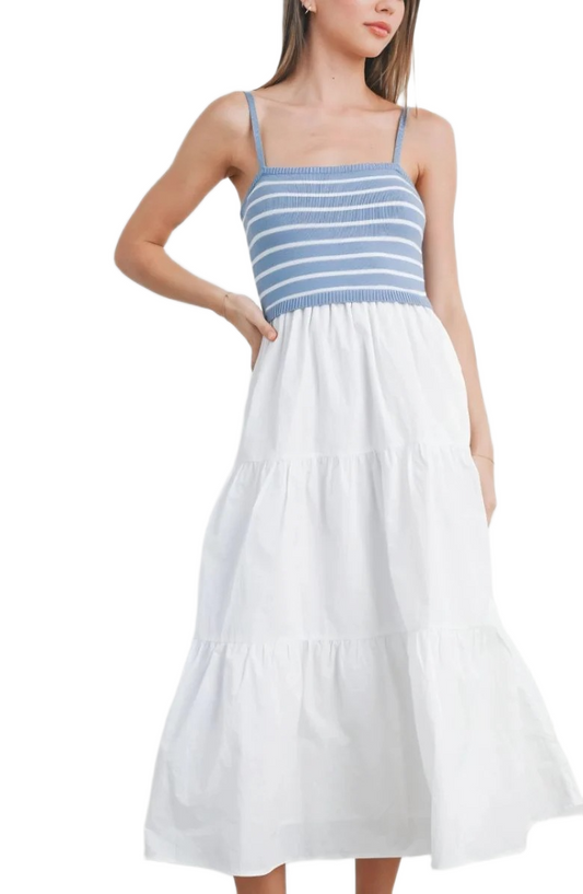 Blue and White Striped Knit Bodice Tiered Midi Dress with Spaghetti Straps