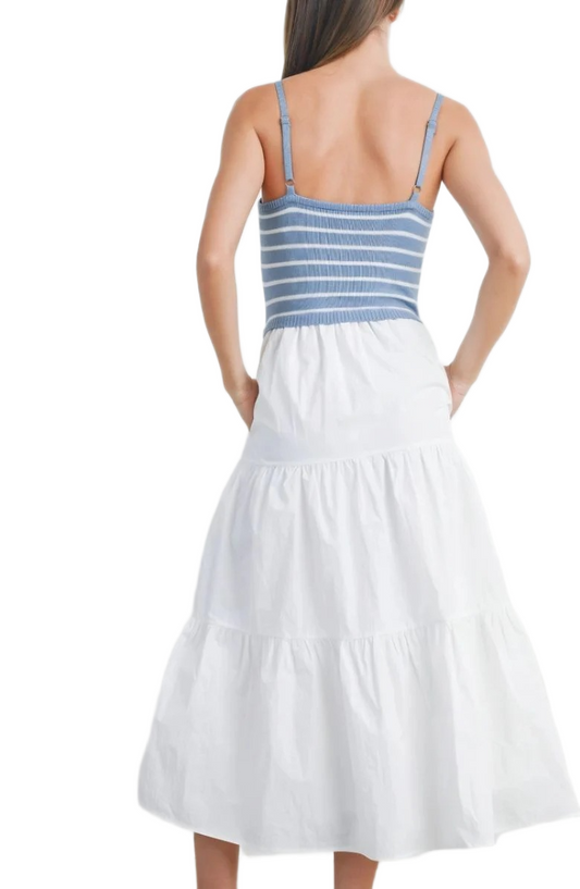 Blue and White Striped Knit Bodice Tiered Midi Dress with Spaghetti Straps