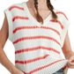 White and Red Striped Sleeveless V-Neck Knit Sweater Vest