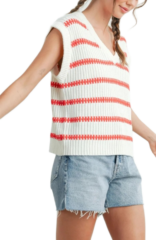White and Red Striped Sleeveless V-Neck Knit Sweater Vest