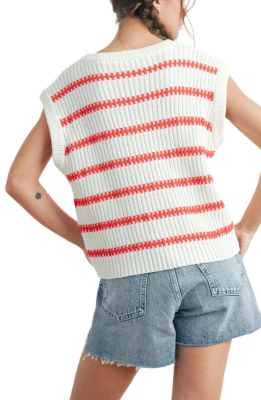White and Red Striped Sleeveless V-Neck Knit Sweater Vest