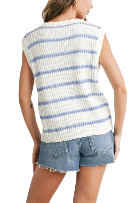 White and Blue Striped Sleeveless V-Neck Knit Sweater Vest