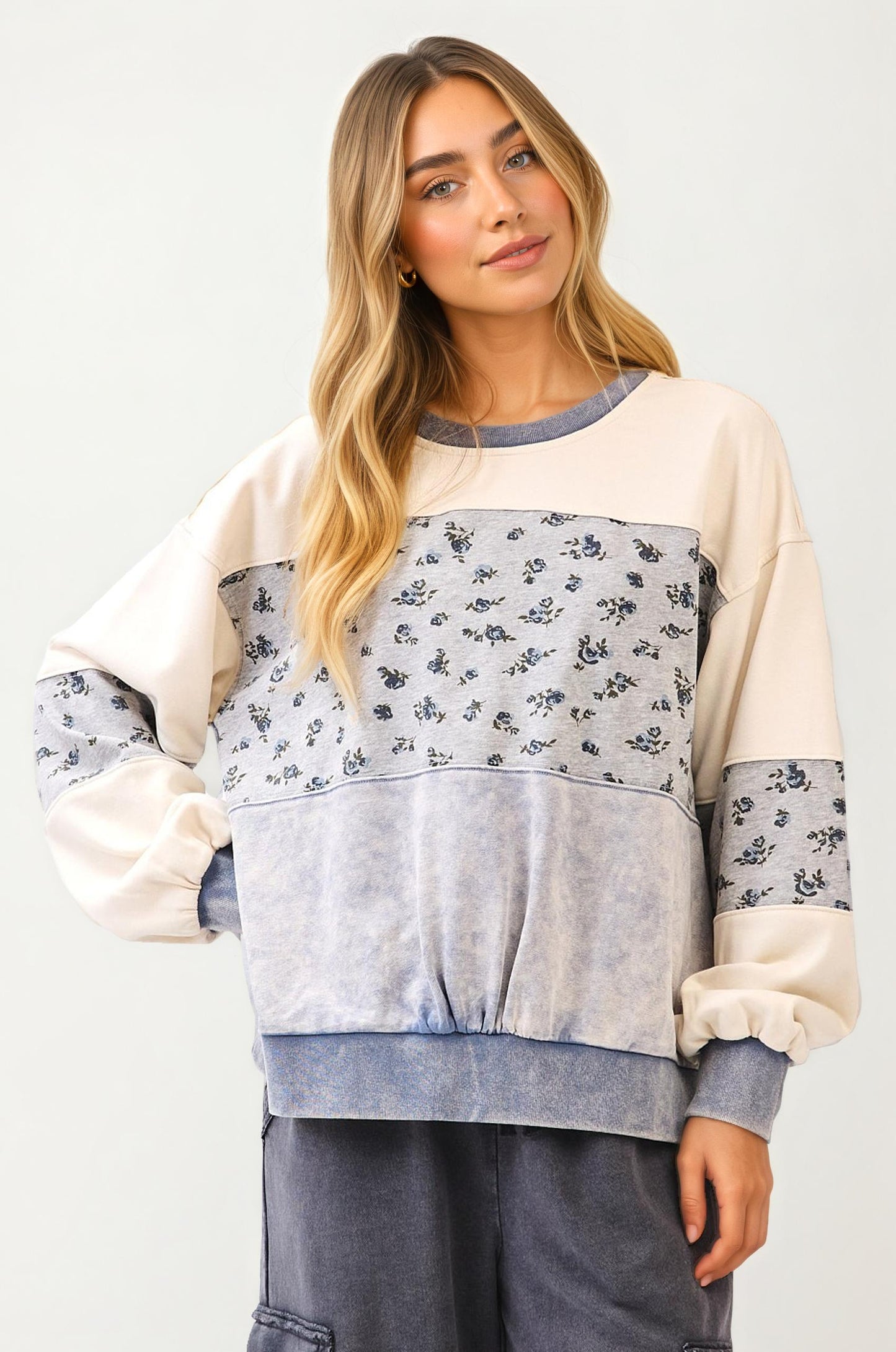 Floral Patchwork Crewneck Sweatshirt with Contrast Panels