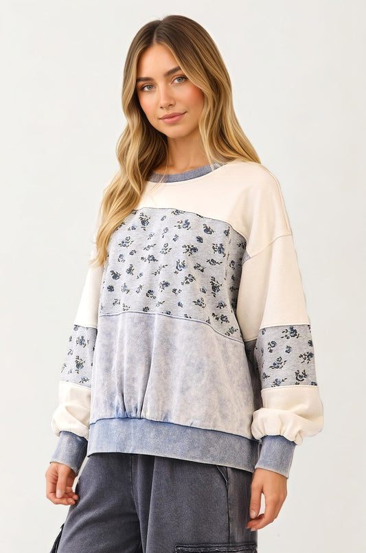 Floral Patchwork Crewneck Sweatshirt with Contrast Panels