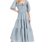 Plaid Smocked Midi Dress Puff Sleeves Ruffle Neckline Tiered Skirt Soft Blue