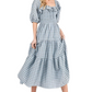 Plaid Smocked Midi Dress Puff Sleeves Ruffle Neckline Tiered Skirt Soft Blue