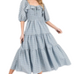 Plaid Smocked Midi Dress Puff Sleeves Ruffle Neckline Tiered Skirt Soft Blue