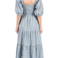Plaid Smocked Midi Dress Puff Sleeves Ruffle Neckline Tiered Skirt Soft Blue