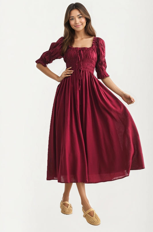 Smocked Bodice Puff Sleeve Maxi Dress with Flowing Skirt