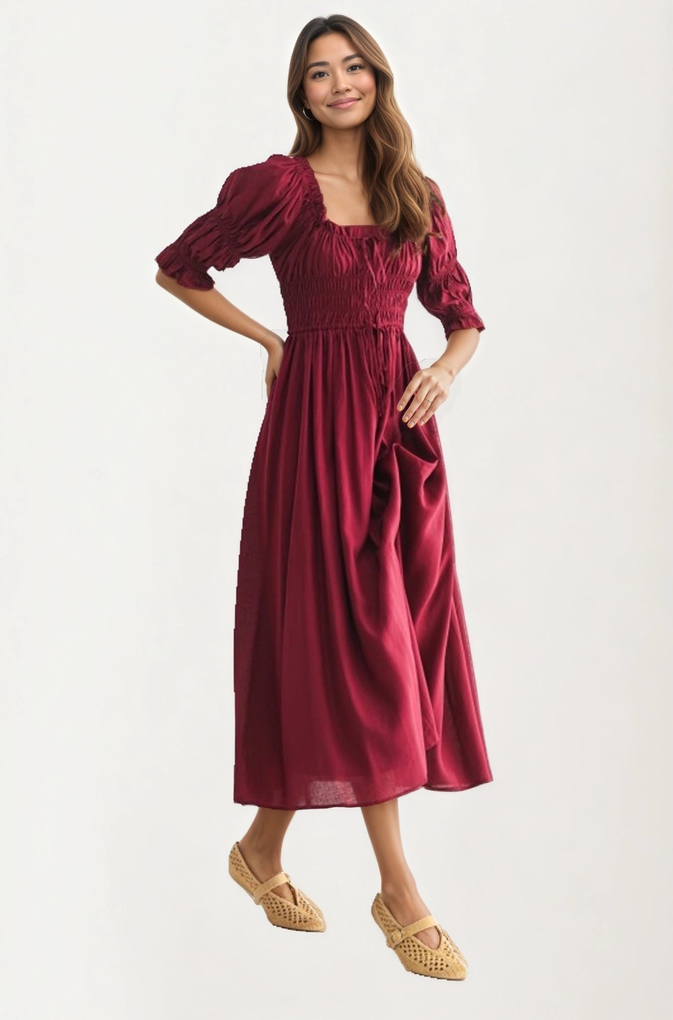 Smocked Bodice Puff Sleeve Maxi Dress with Flowing Skirt