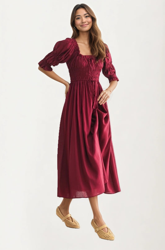Smocked Bodice Puff Sleeve Maxi Dress with Flowing Skirt