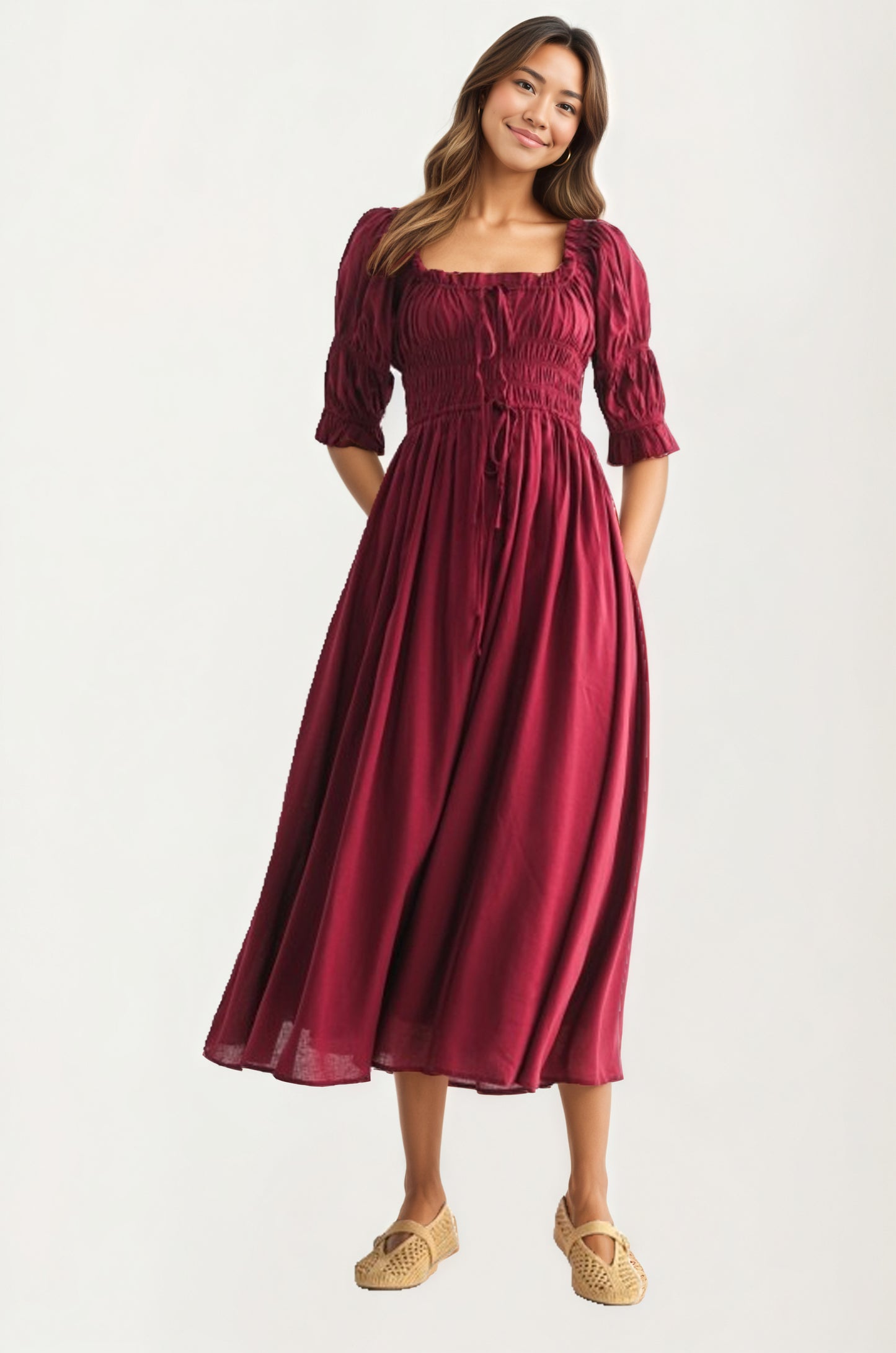 Smocked Bodice Puff Sleeve Maxi Dress with Flowing Skirt