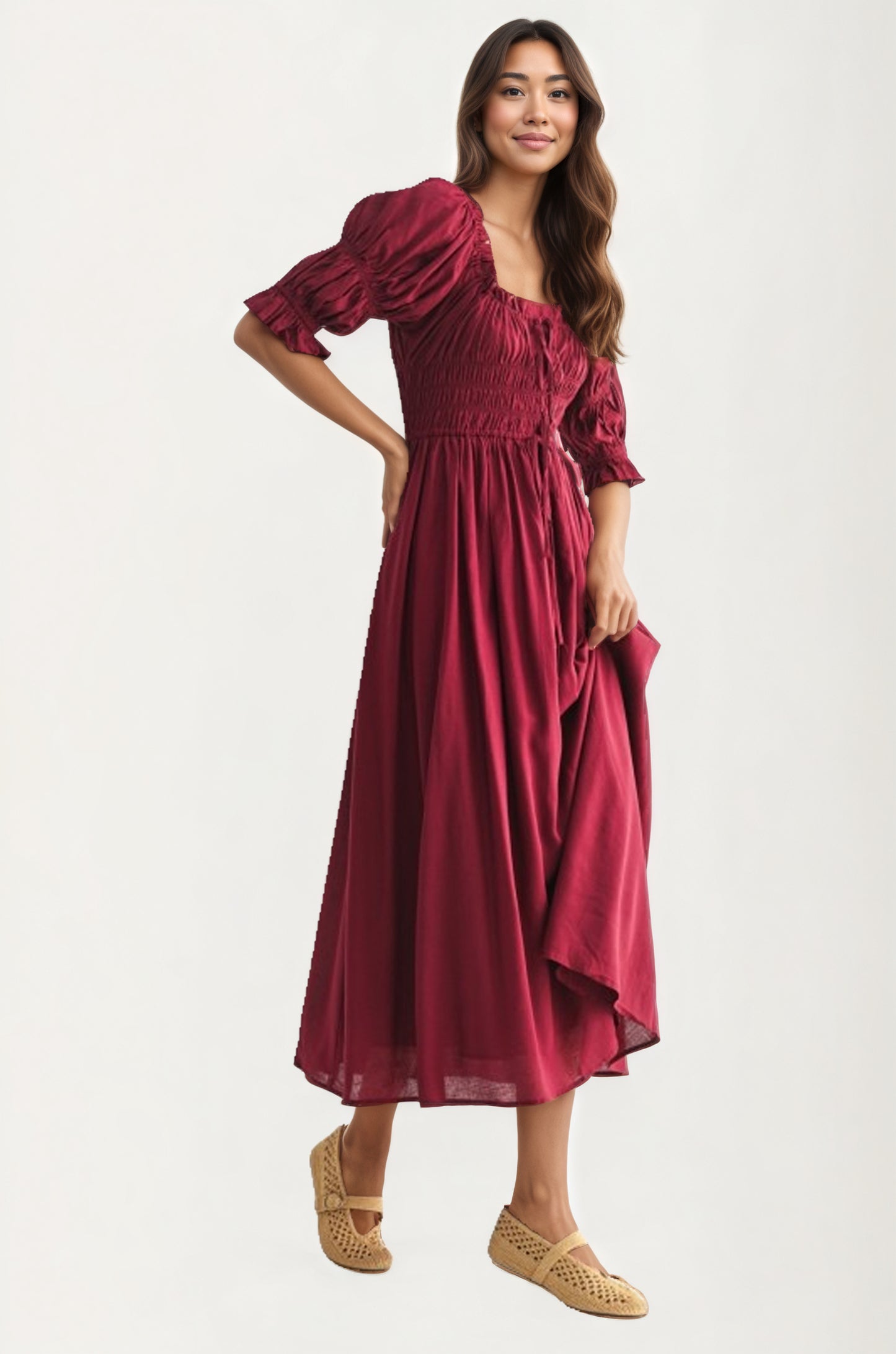 Smocked Bodice Puff Sleeve Maxi Dress with Flowing Skirt
