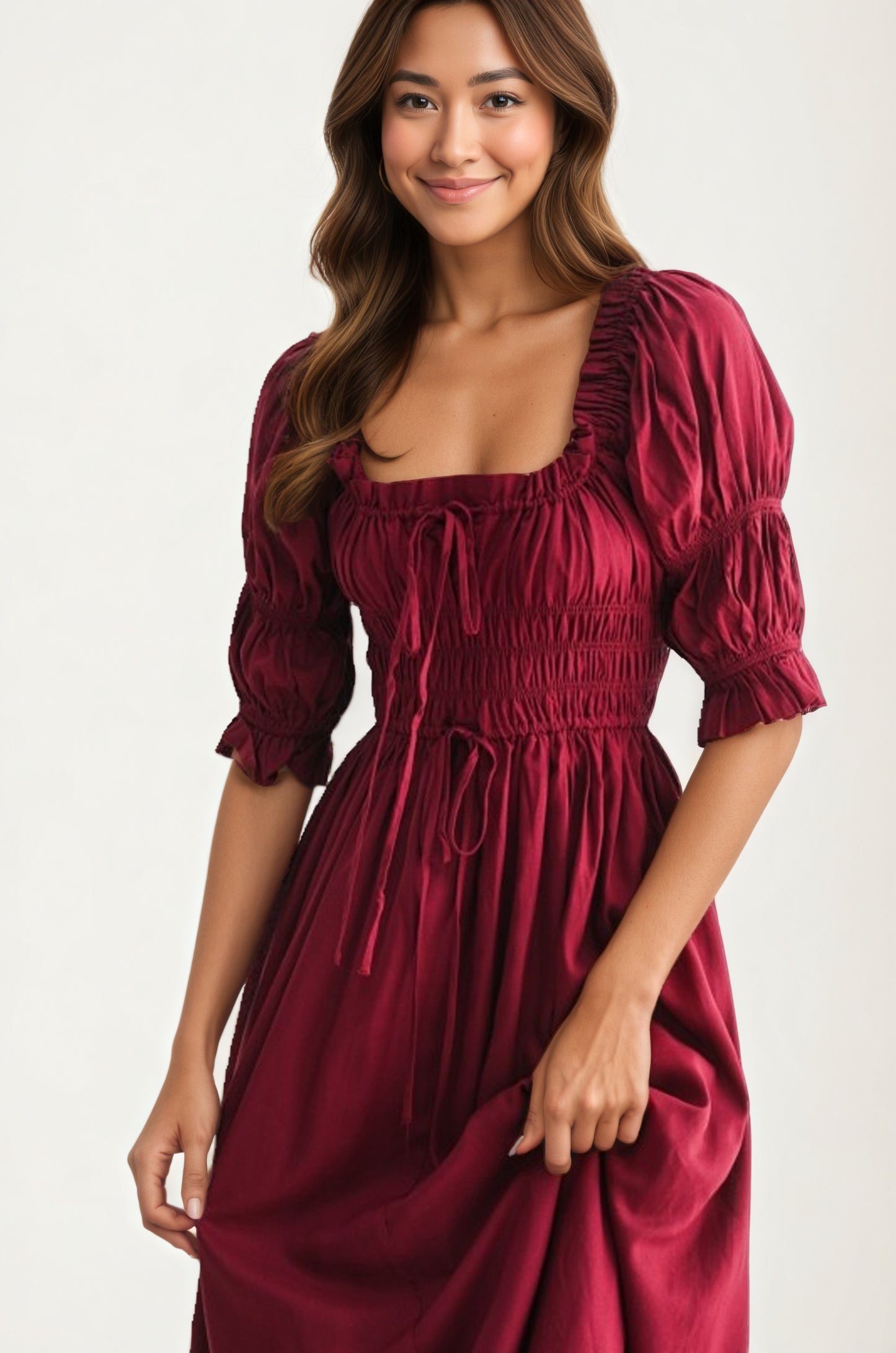 Smocked Bodice Puff Sleeve Maxi Dress with Flowing Skirt