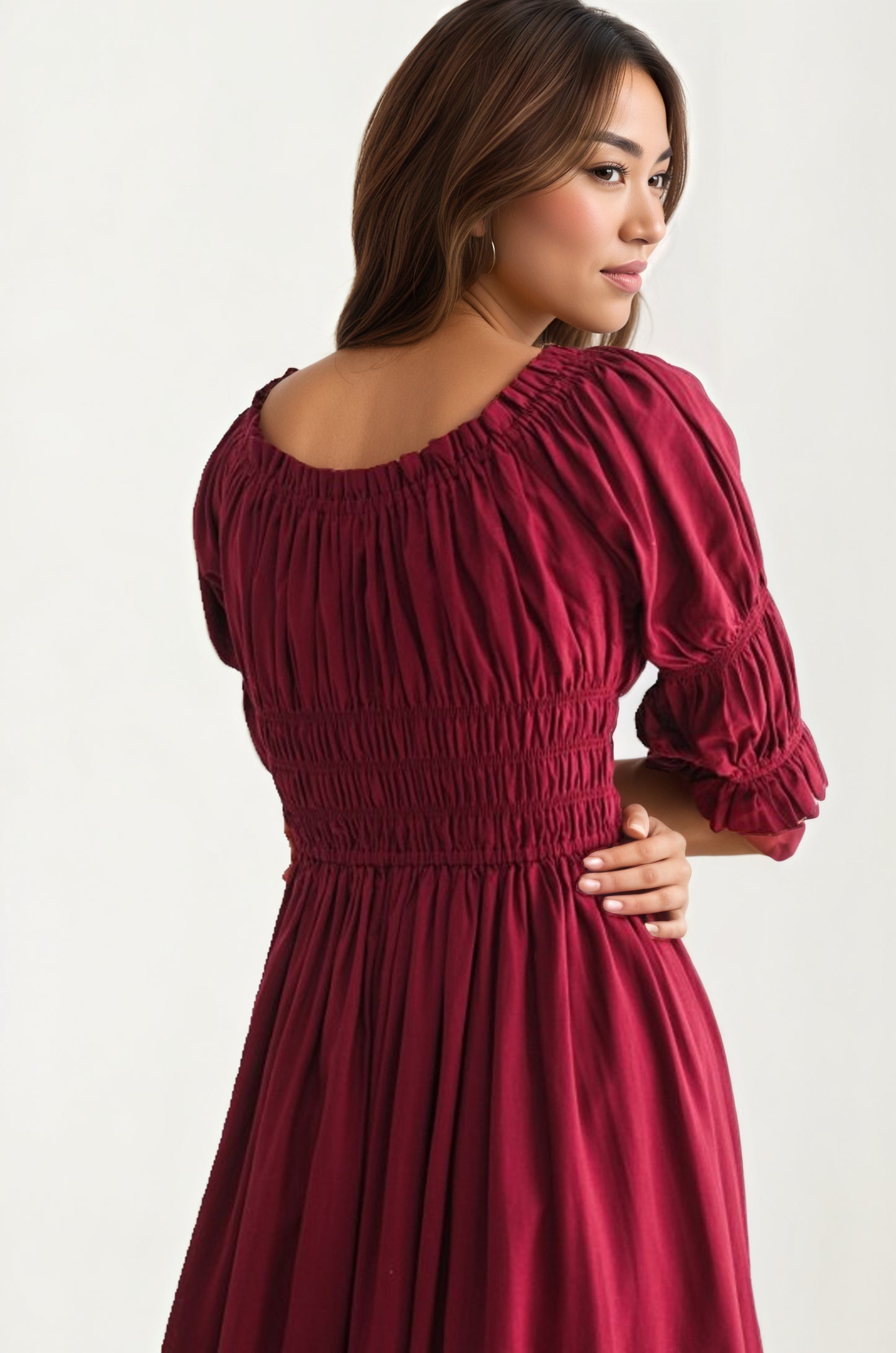 Smocked Bodice Puff Sleeve Maxi Dress with Flowing Skirt