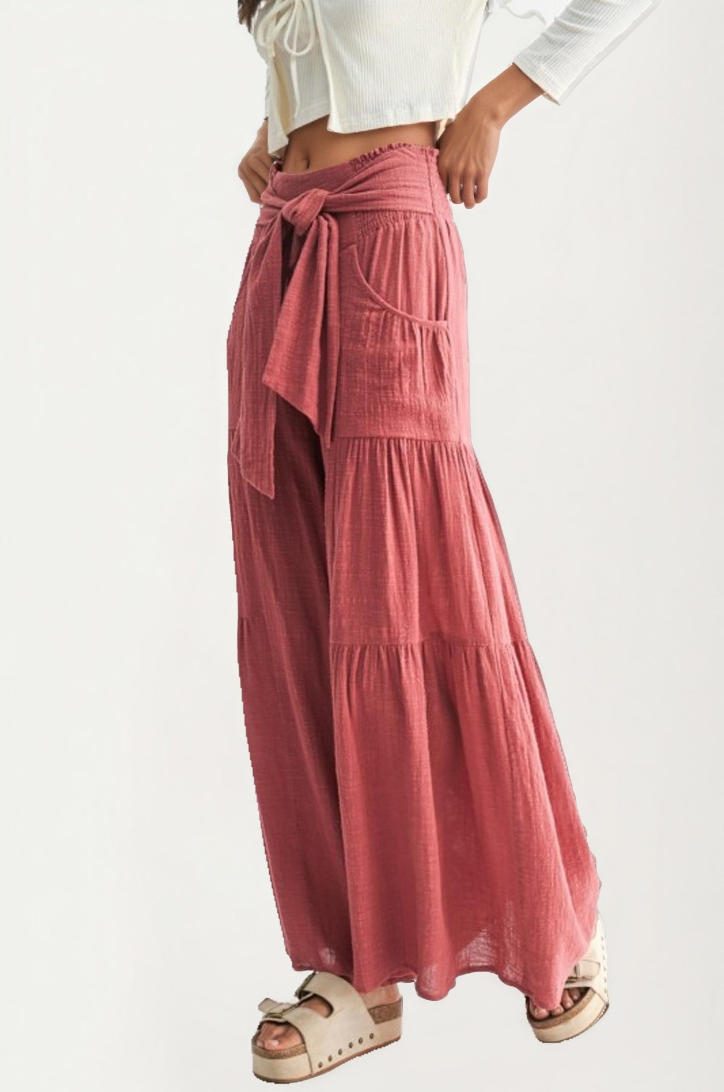 Wide-Leg Pants with Tie-Front Waist and Patch Pockets